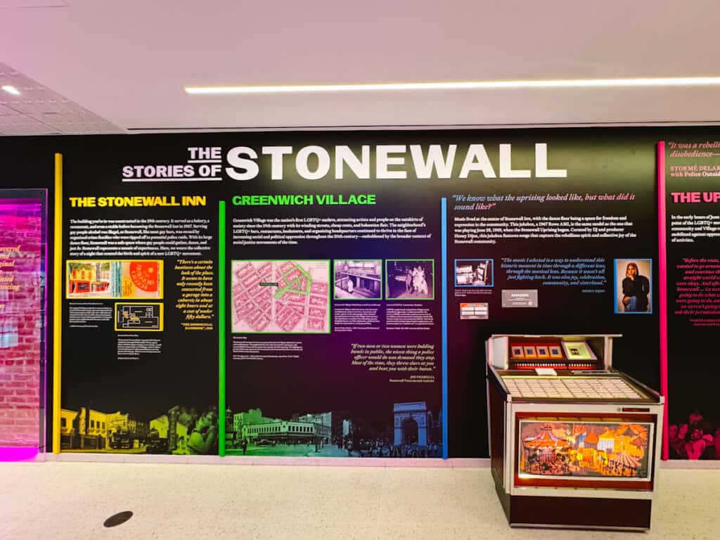 View of Stonewall Visitor Center exhibit with lots of information on the riots that launched the gay rights movement in America.
