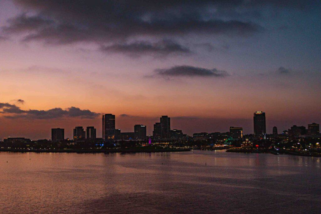 Sunset behind Long Beach California skyline