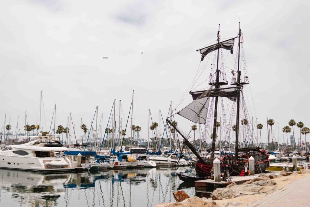 Marina walk in Long Beach brings you aside a bunch of boats and even a pirate ship, shown here