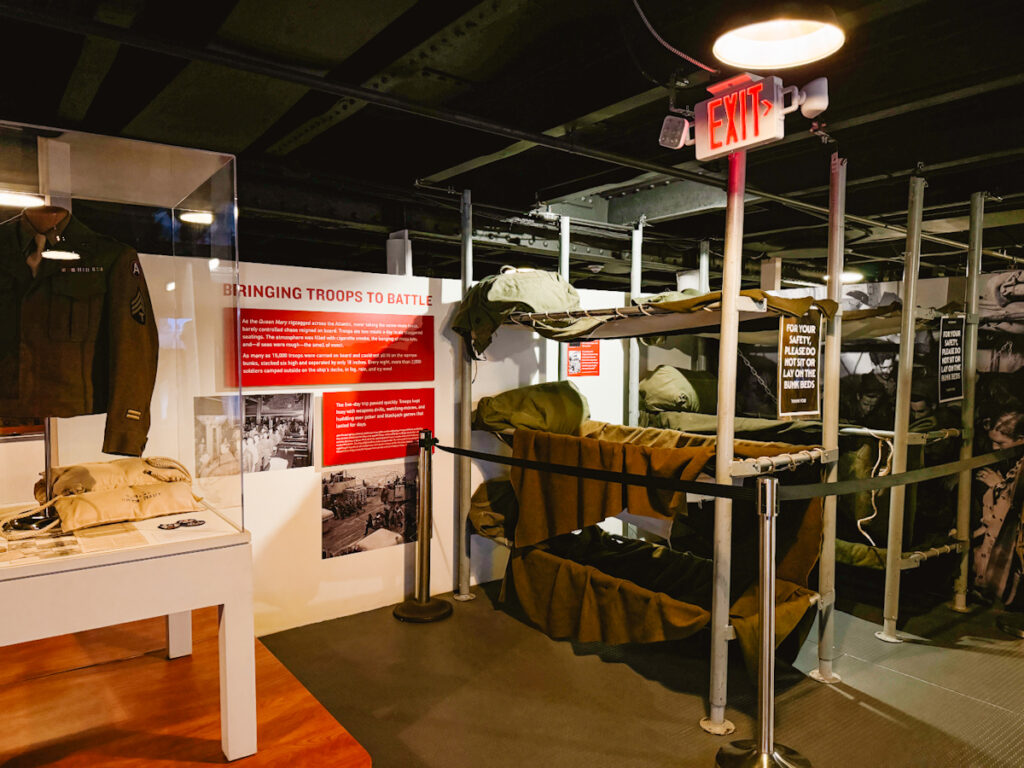 Museum exhibit aboard The Queen Mary ocean liner ship that housed troops during the second World War where the bunks are shown here