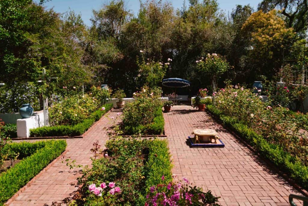 Brick lined garden in Rancho Los Alamitos, a historic rancho from the 1800s