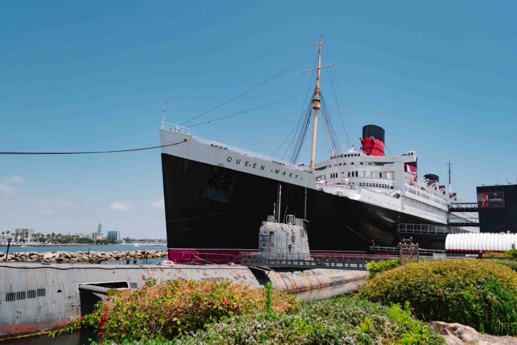 Exterior of The Queen Mary ship, view from the front of the ship