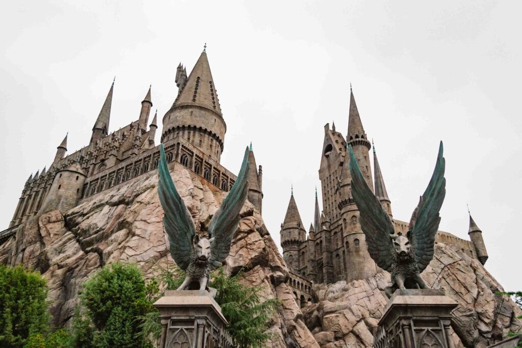 Outside of Hogwarts Castle on a cloudy day in LA