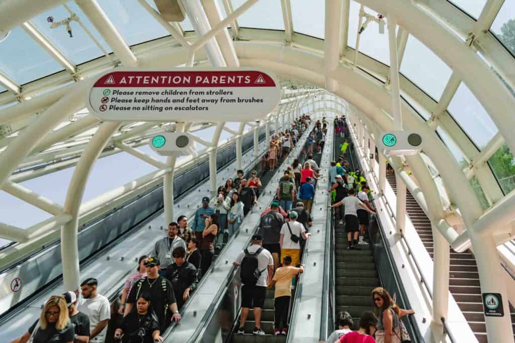 View looking up at the escalator that takes you been the Lower and Upper Lots in Universal Studios