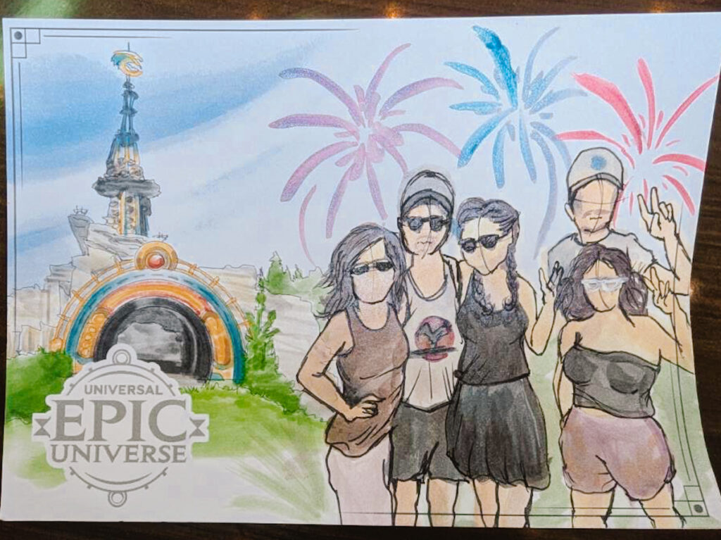Top down look at a hand-drawn and painted postcard from Epic Universe where a family is depicted in general shapes without too much detail