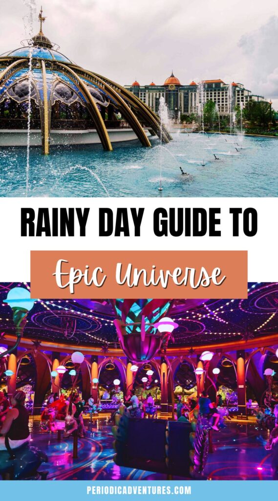 Discover what to do at Epic Universe on a rainy day including which rides are closed, shows to see, character meet and greets, and restaurants to visit to take shelter from the rain.