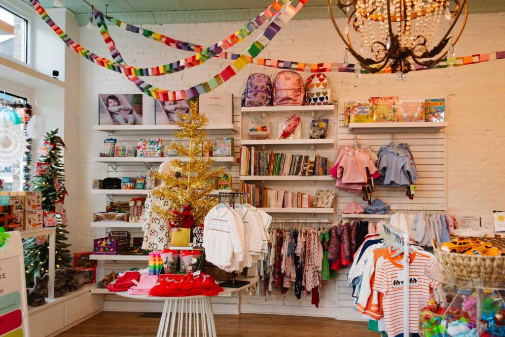 Interior of childrens boutique decorated for Christmas