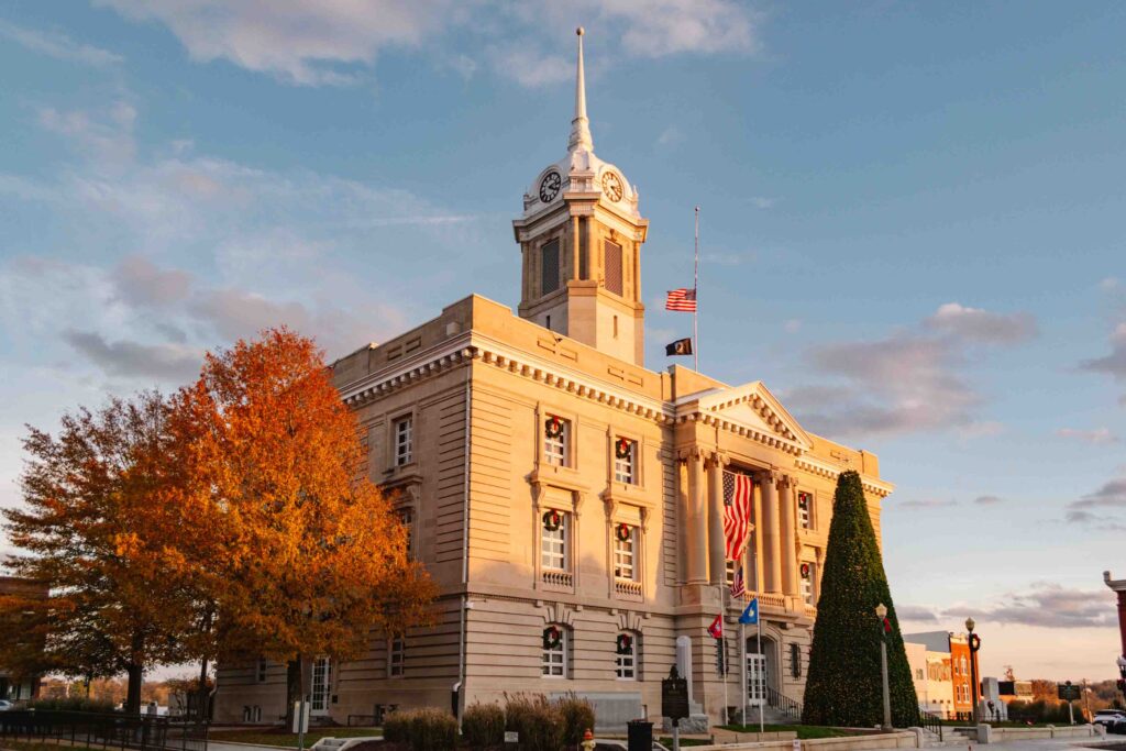 Maury County Courthouse in Downtown Columbia TN Square during golden hour in November