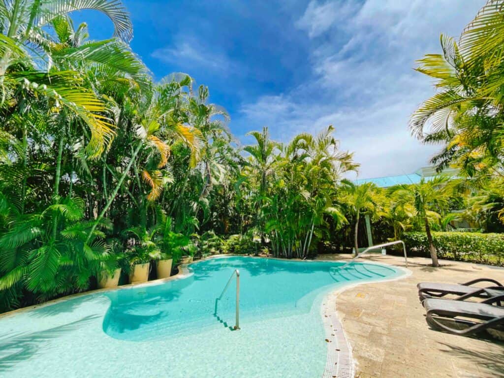 All inclusive resort with a quiet pool, shown here, that is secluded and peaceful