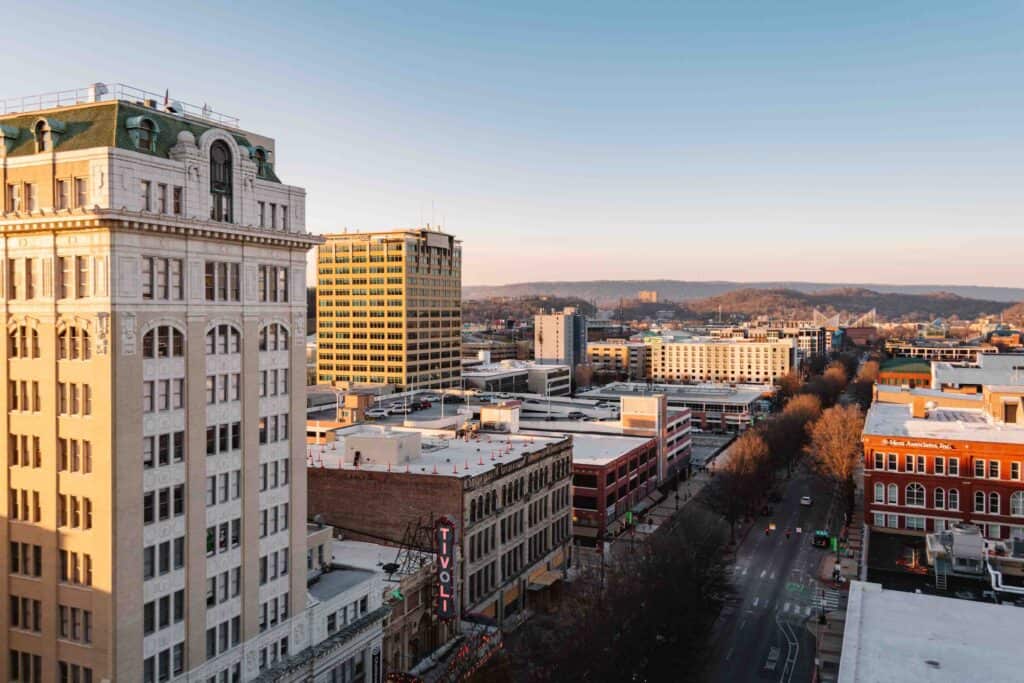 View of Downtown Chattanooga from the highest rooftop bar in the city, Iris at The Waymark Hotel