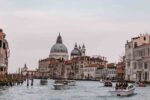 Pastel pink and blue sunset in Venice, view of the Grand Canal.